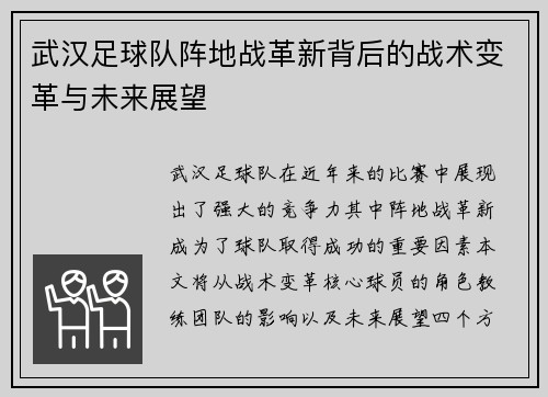武汉足球队阵地战革新背后的战术变革与未来展望